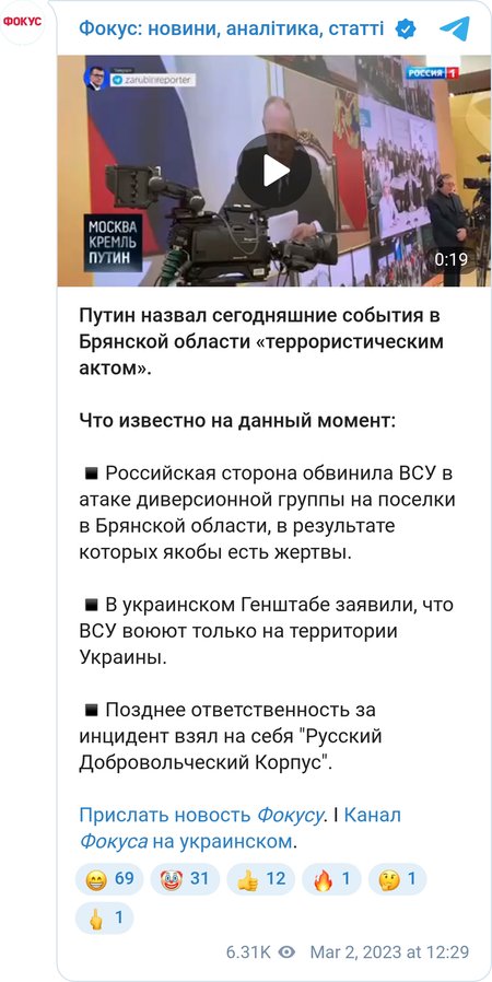 Путін висловився про "українську ДРГ" у Брянській області