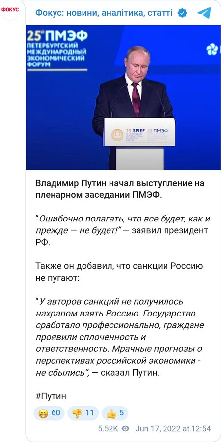 Путін розкритикував санкції ЄС проти Росії