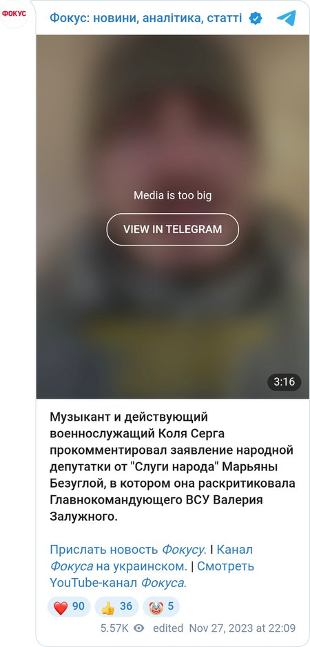 Коля Сєрга прокоментував заяву Мар'яни Безуглої про Залужного