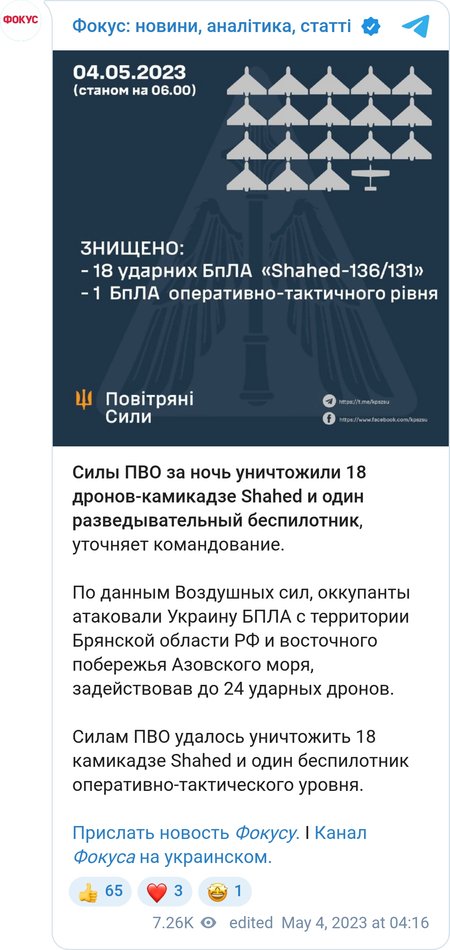 В ночь на четверг российские оккупанты выпустили по Украине более двух десятков дронов-камикадзе