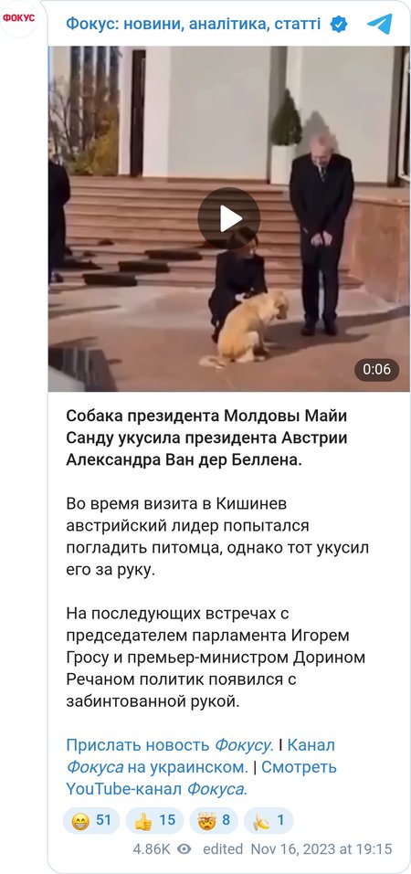 После контакта с собакой Александр Ван дер Беллен был замечен с забинтованой рукой
