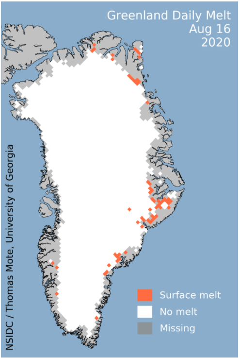 Карта таяния ледников в Гренландии 16 августа 2020 года